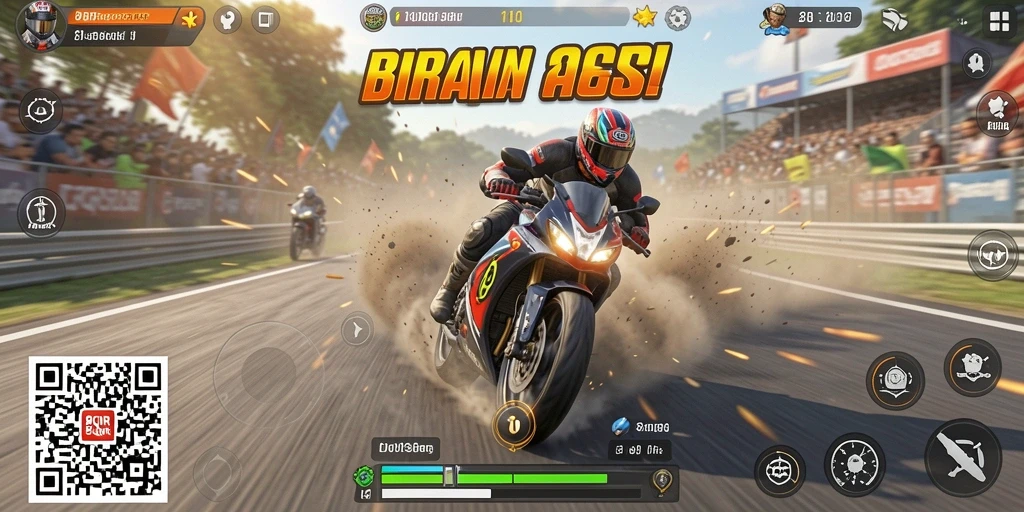 Screenshot utama 8QR menampilkan balapan motor yang mendebarkan.