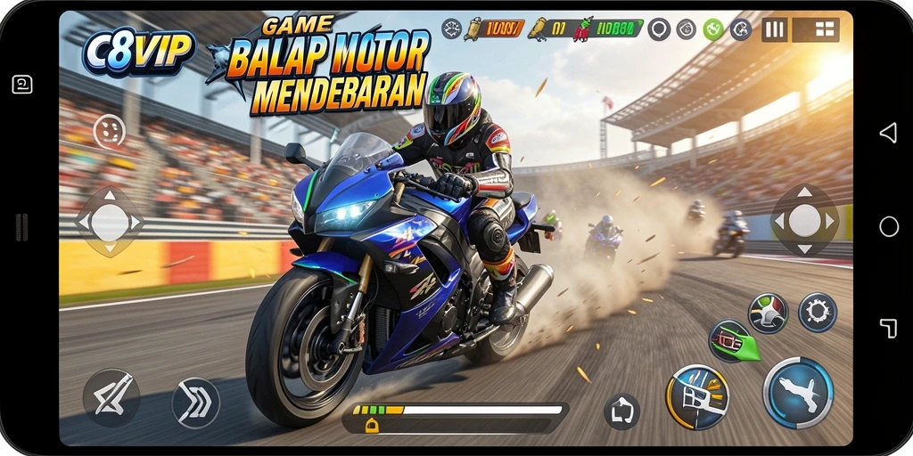 Tampilan gameplay seru C8VIP dengan balapan motor intens.