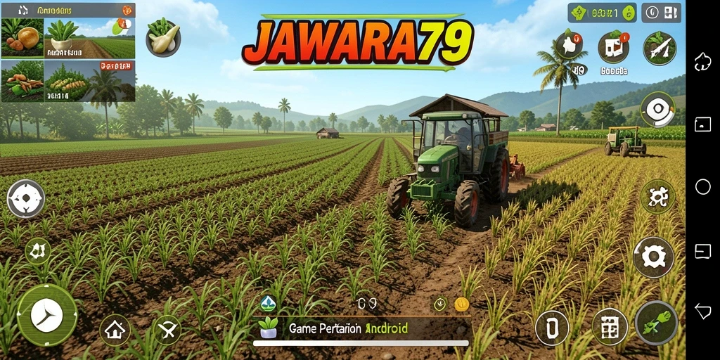 Screenshot utama JAWARA79 menampilkan ladang pertanian yang subur dan aktivitas bertani.