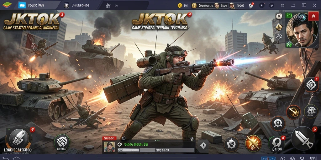 Screenshot utama JKTOK menampilkan aksi strategi intens dan pertempuran epik.