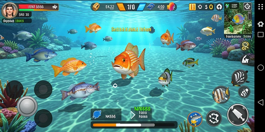 Tampilan gameplay NK666 saat menembak ikan berwarna-warni di bawah laut.