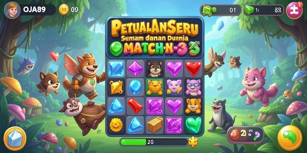 Tangkapan layar gameplay OJA89 yang menunjukkan aksi mencocokkan permata yang seru.