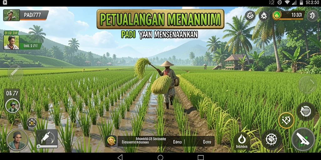 Tampilan gameplay berkualitas tinggi di PADI777 yang menggambarkan pertanian.