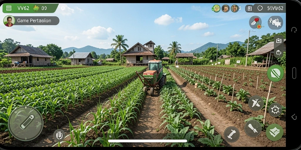 Screenshot gameplay VV62 dengan pemandangan ladang yang indah.